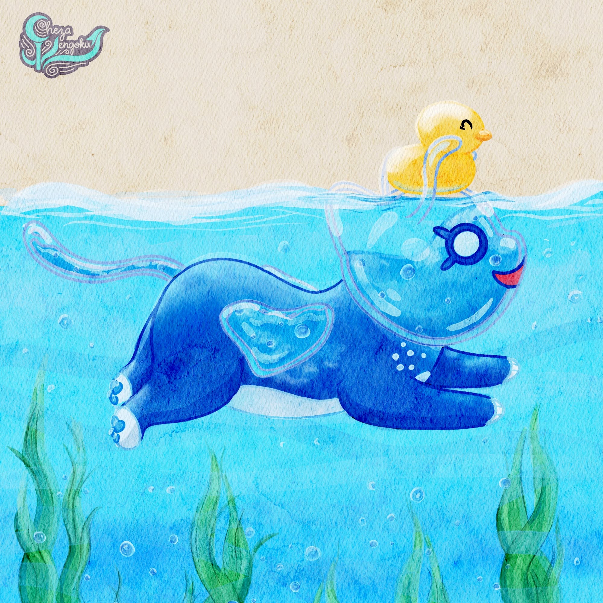 Whimsical underwater illustration with a yellow duck and blue whale