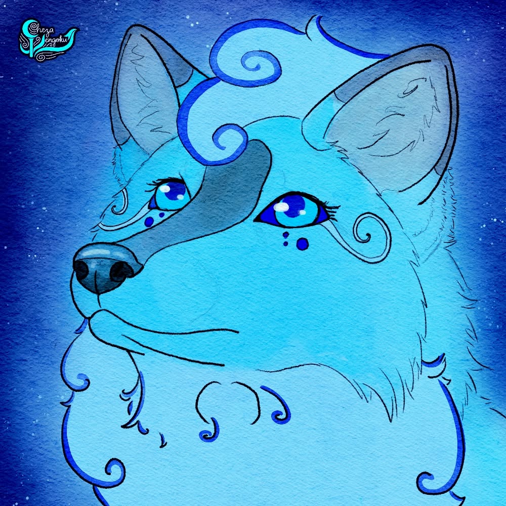 Stylised blue cat illustration with mystical decorative swirls