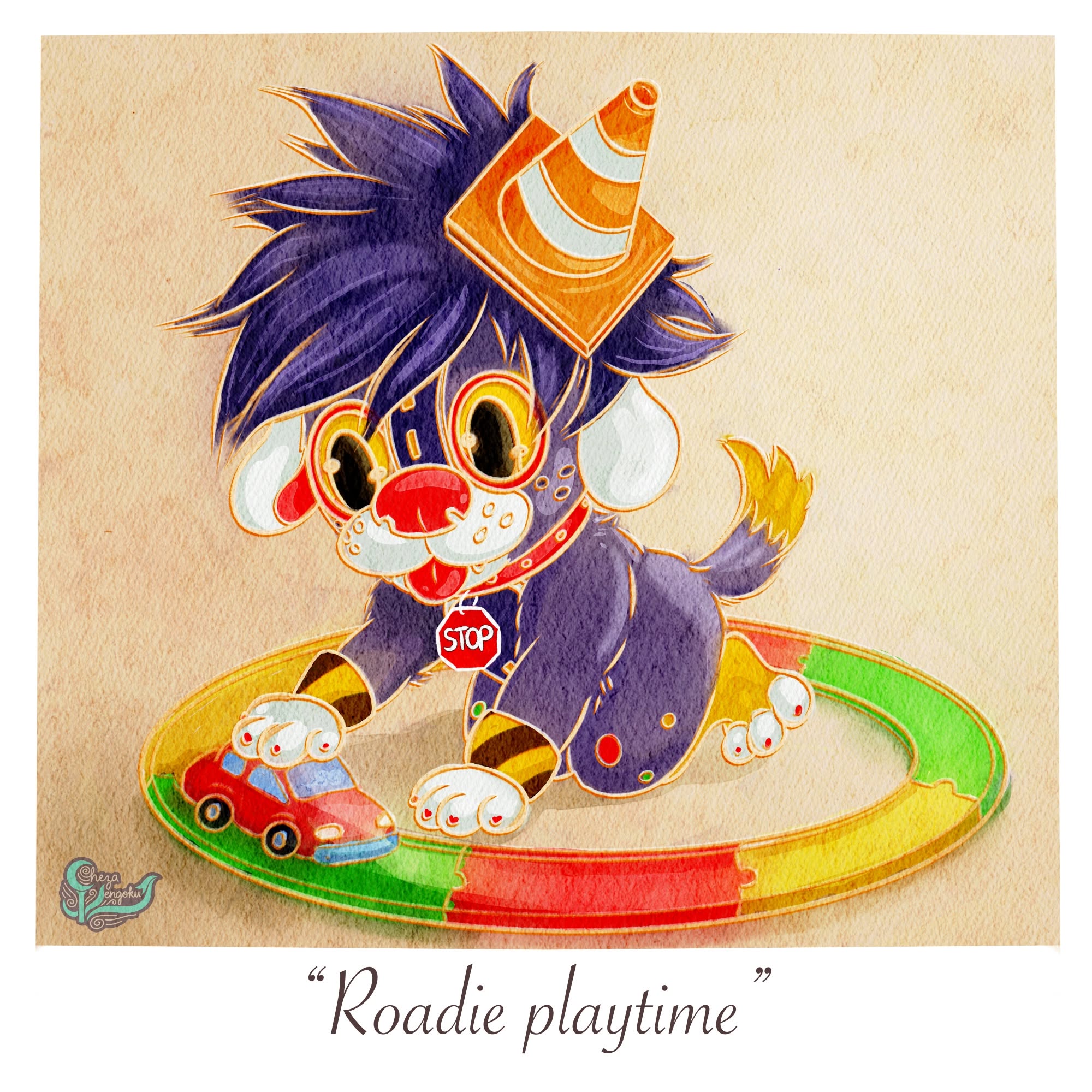 Cartoon character playing with a toy car and track