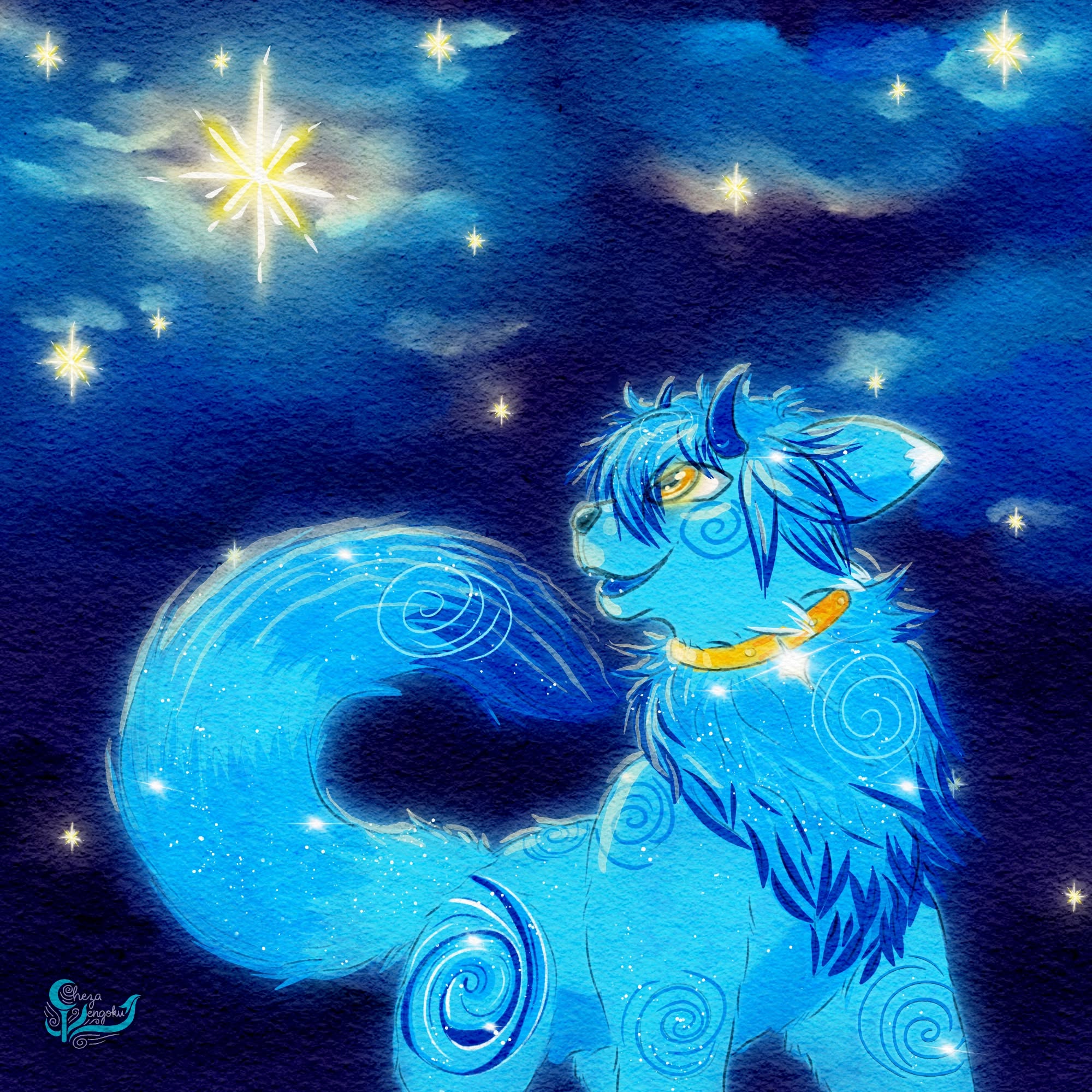 Mystical blue creature with a glowing tail under a starry night