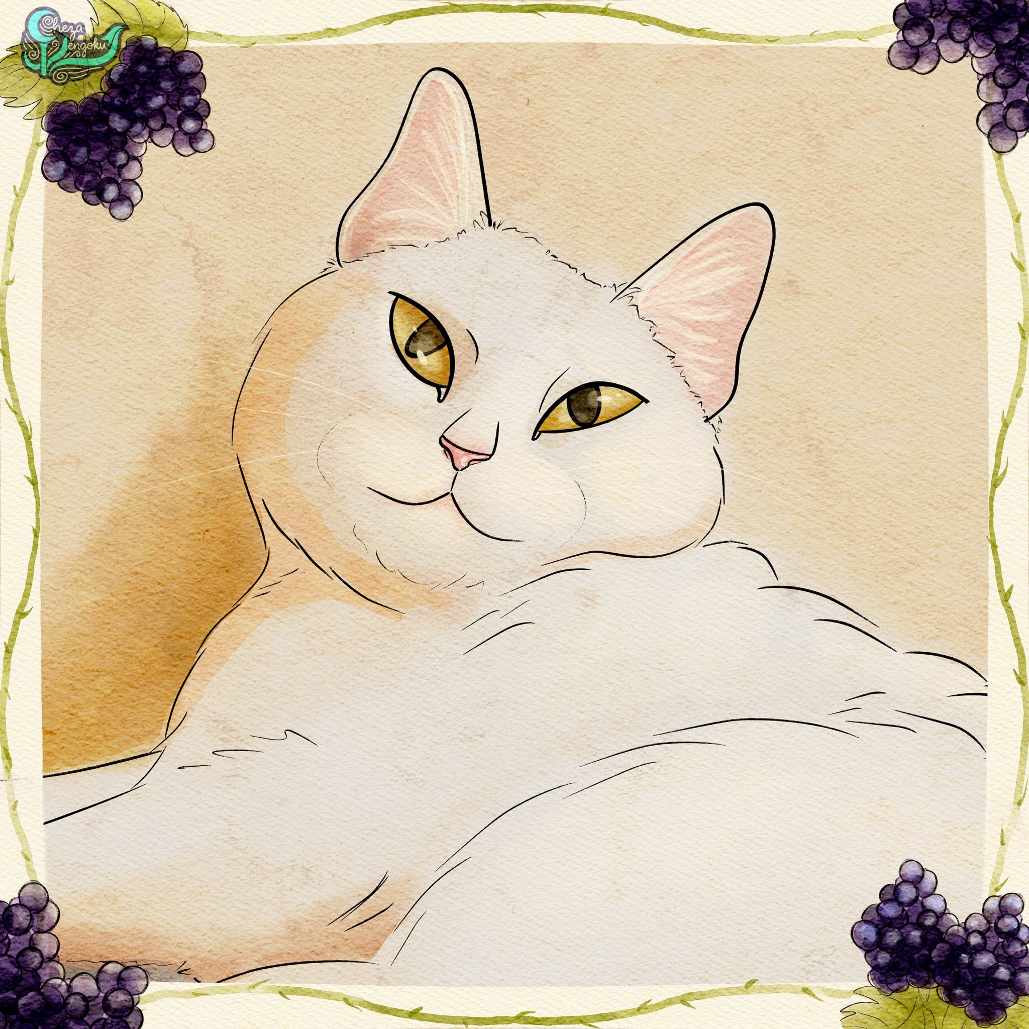 Illustrated white cat with golden eyes and grapes