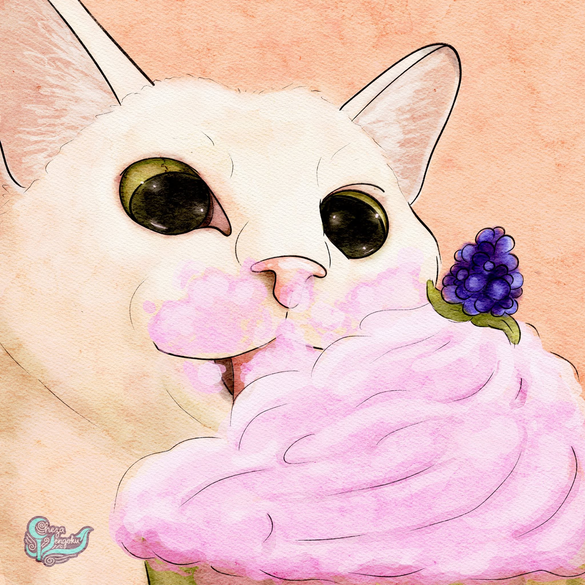 White cat with pink frosting and blackberry decoration