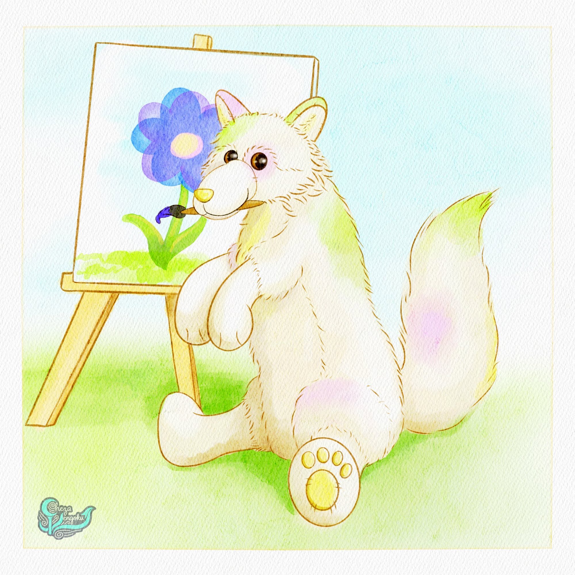 Fluffy white cat painting a blue flower on an easel